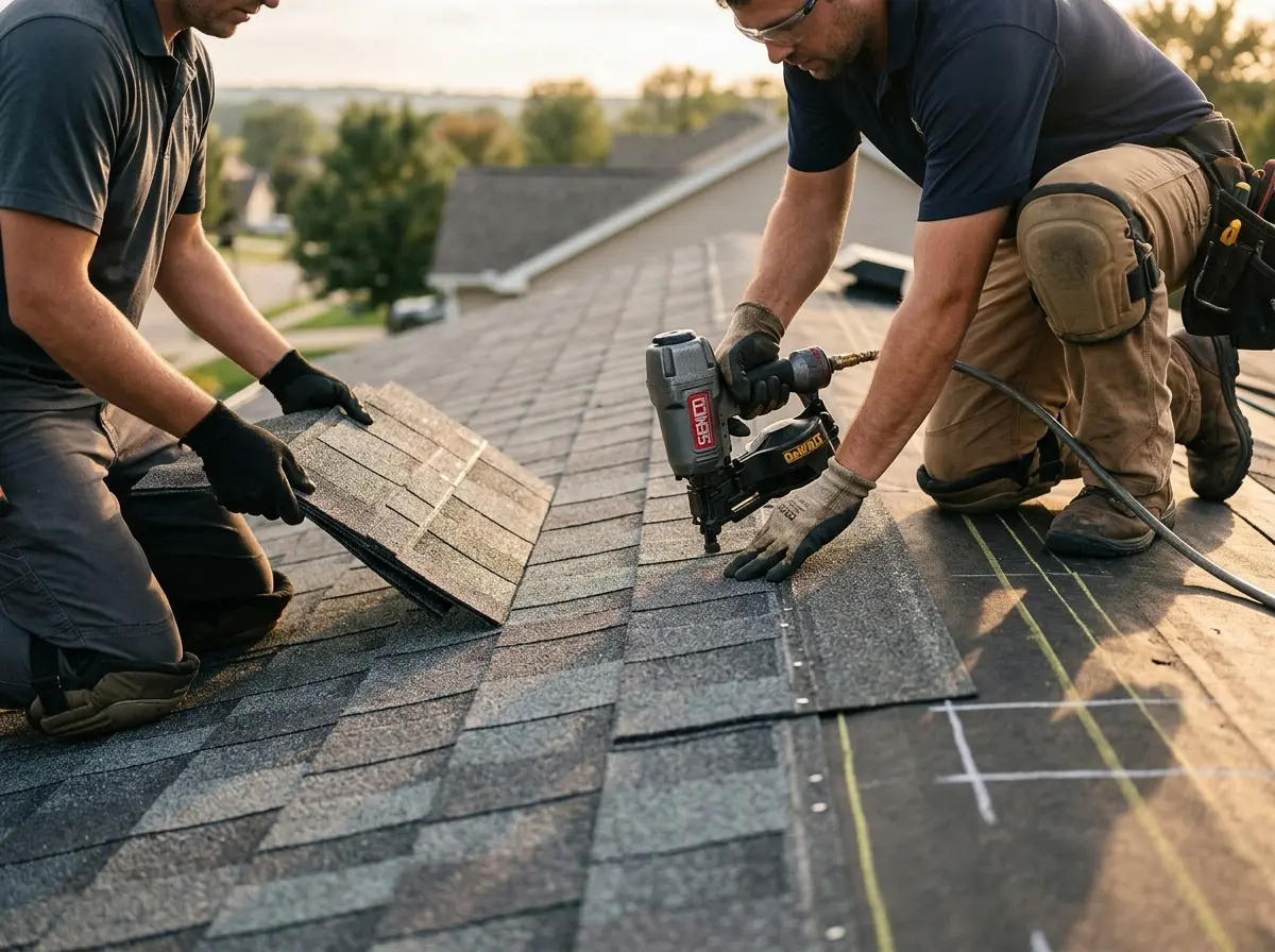 Professional roofer working on a residential roof in Westwood